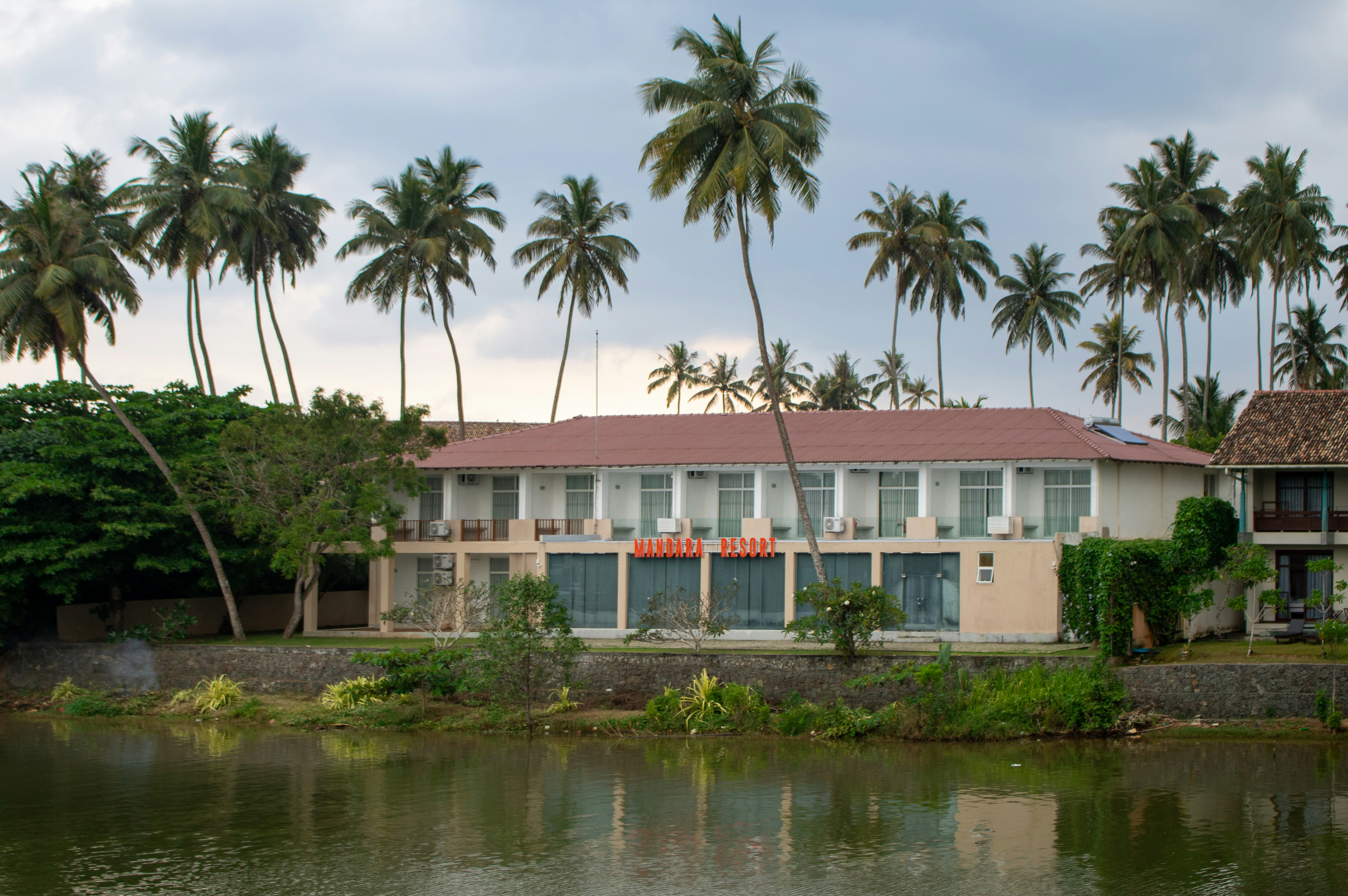The Mandra Resort in Mirissa, Sri Lanka overlooks a river that blends into the Indian Ocean. Simple modern architecture with balconies characterizes the building, nestled against a backdrop dominated by numerous tall palm trees under an overcast sky.